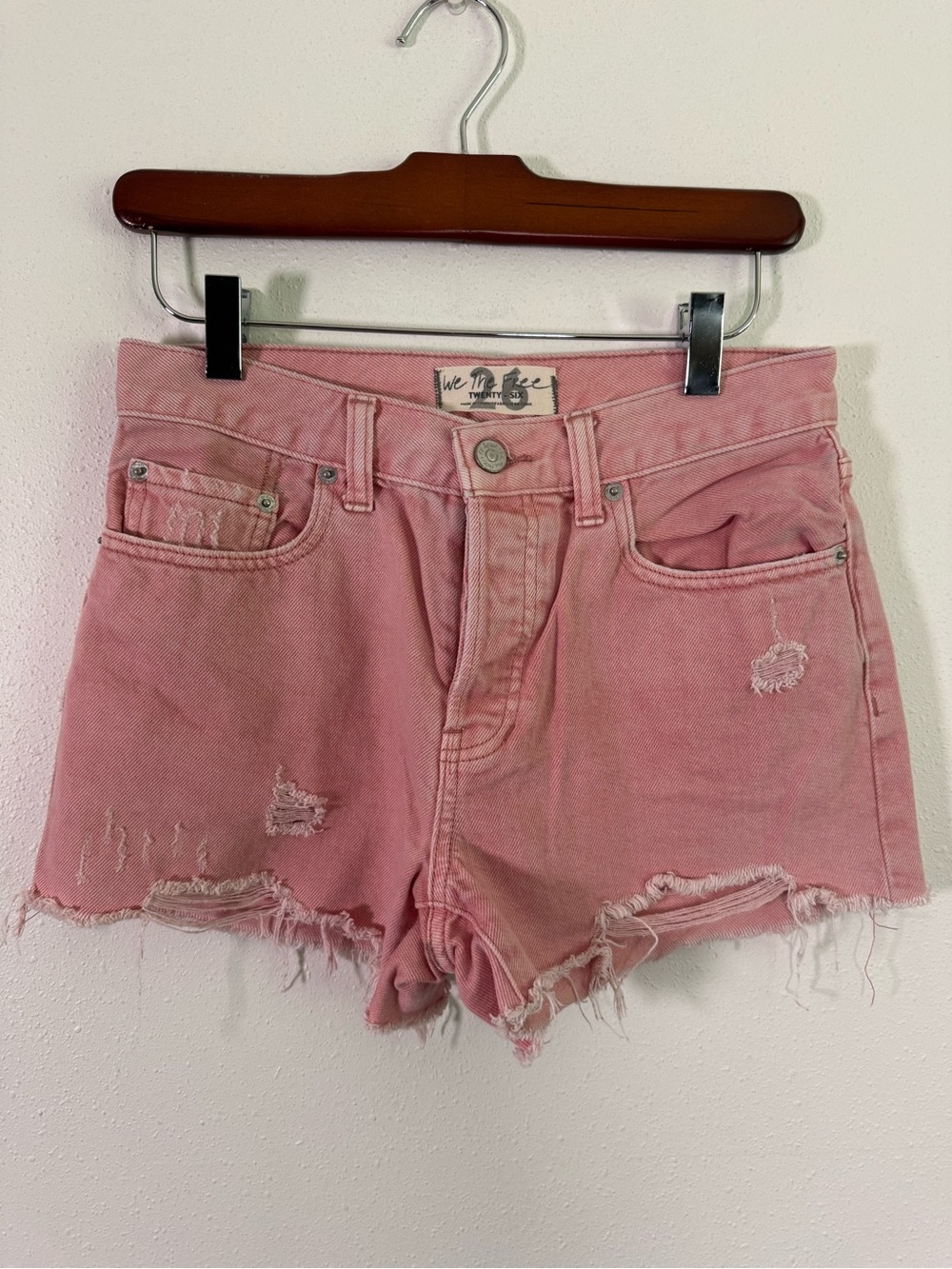 We The Free Pink Distressed Denim Shorts Button Fly Raw Hem 26